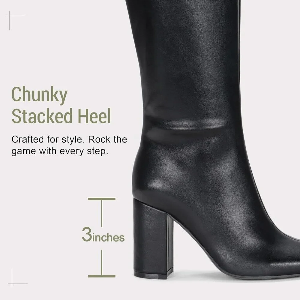 Women's Black Chunky Blocked Heel Squared Toe Long Boot Inside Zipper Tall Boots